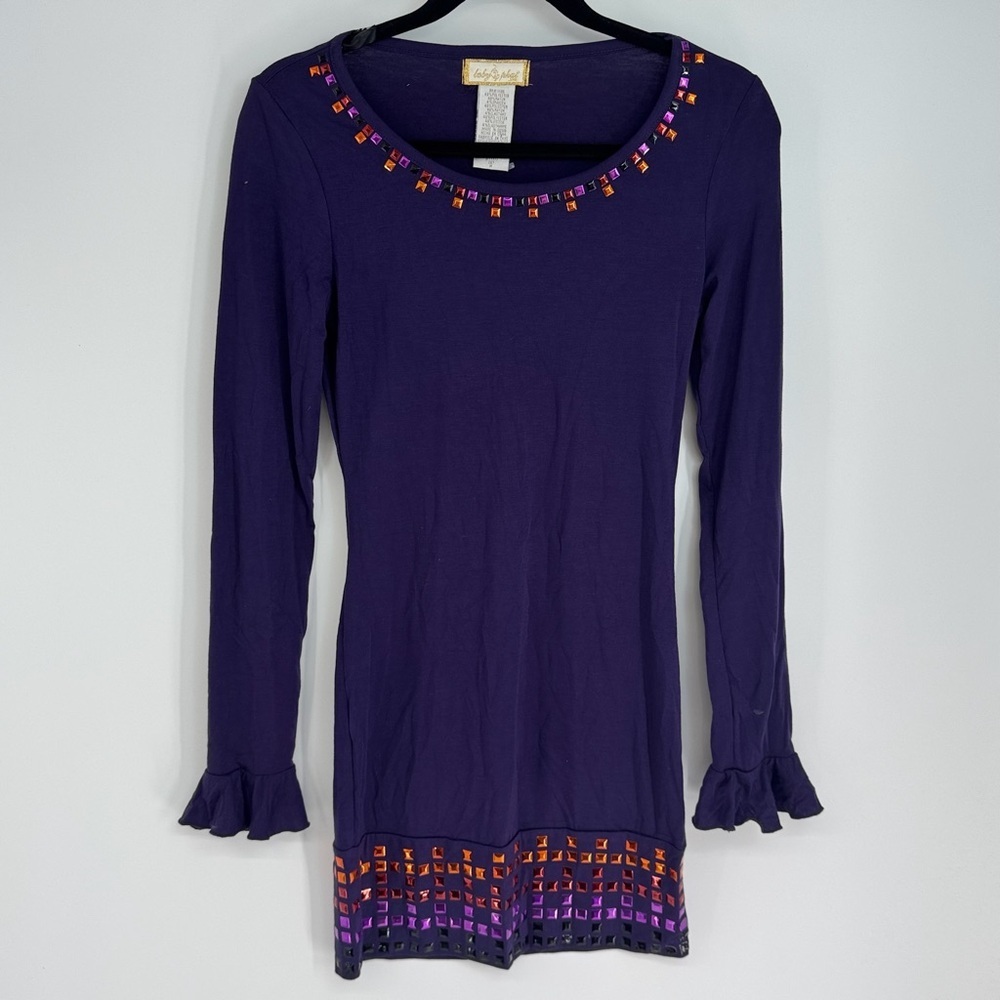 Baby Phat Y2K Ribbed Flare Ruffle Sleeve U Neck Bedazzled Mini Dress